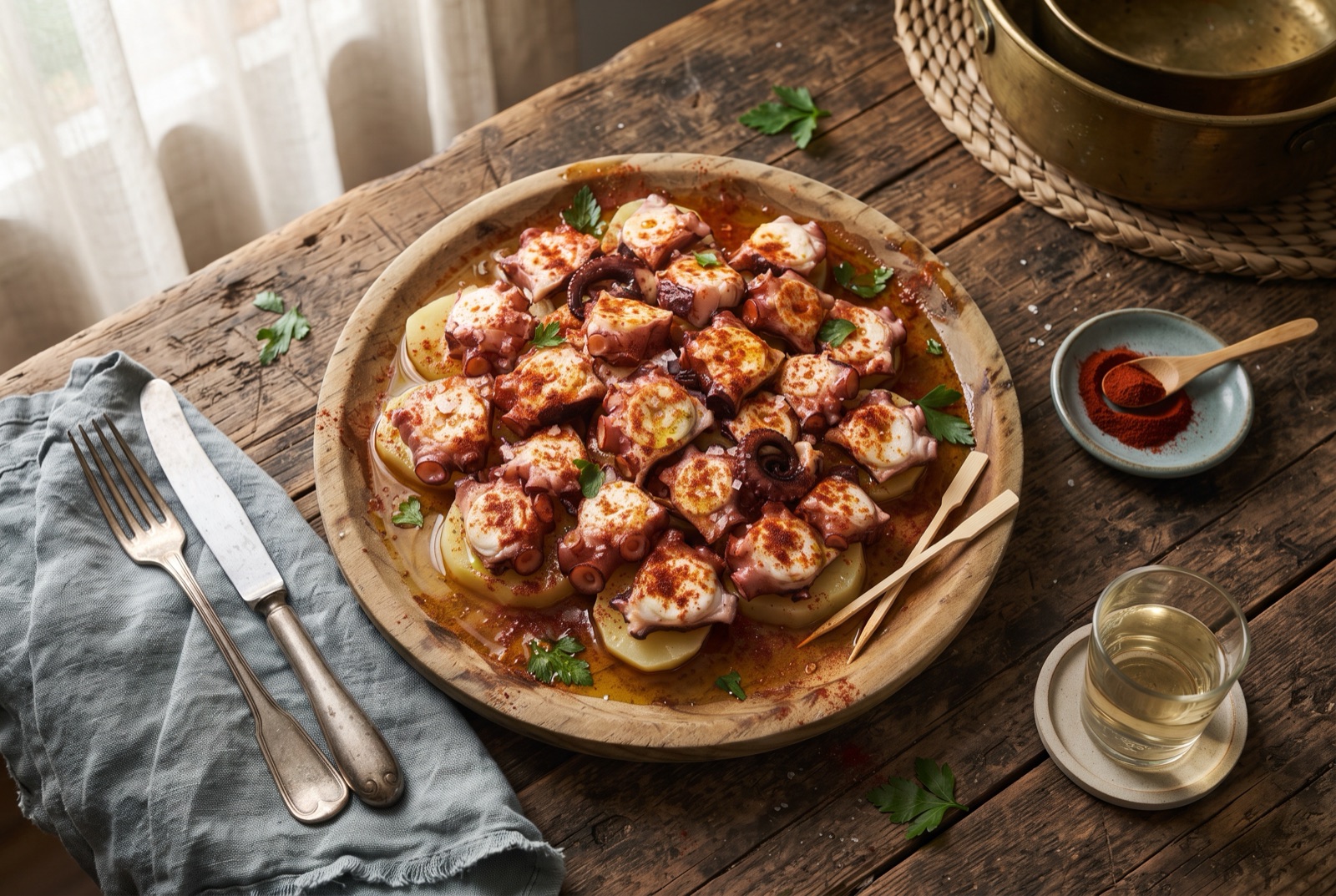 Round wooden plate of sliced octopus over potato rounds, dusted with red paprika and glossy with olive oil