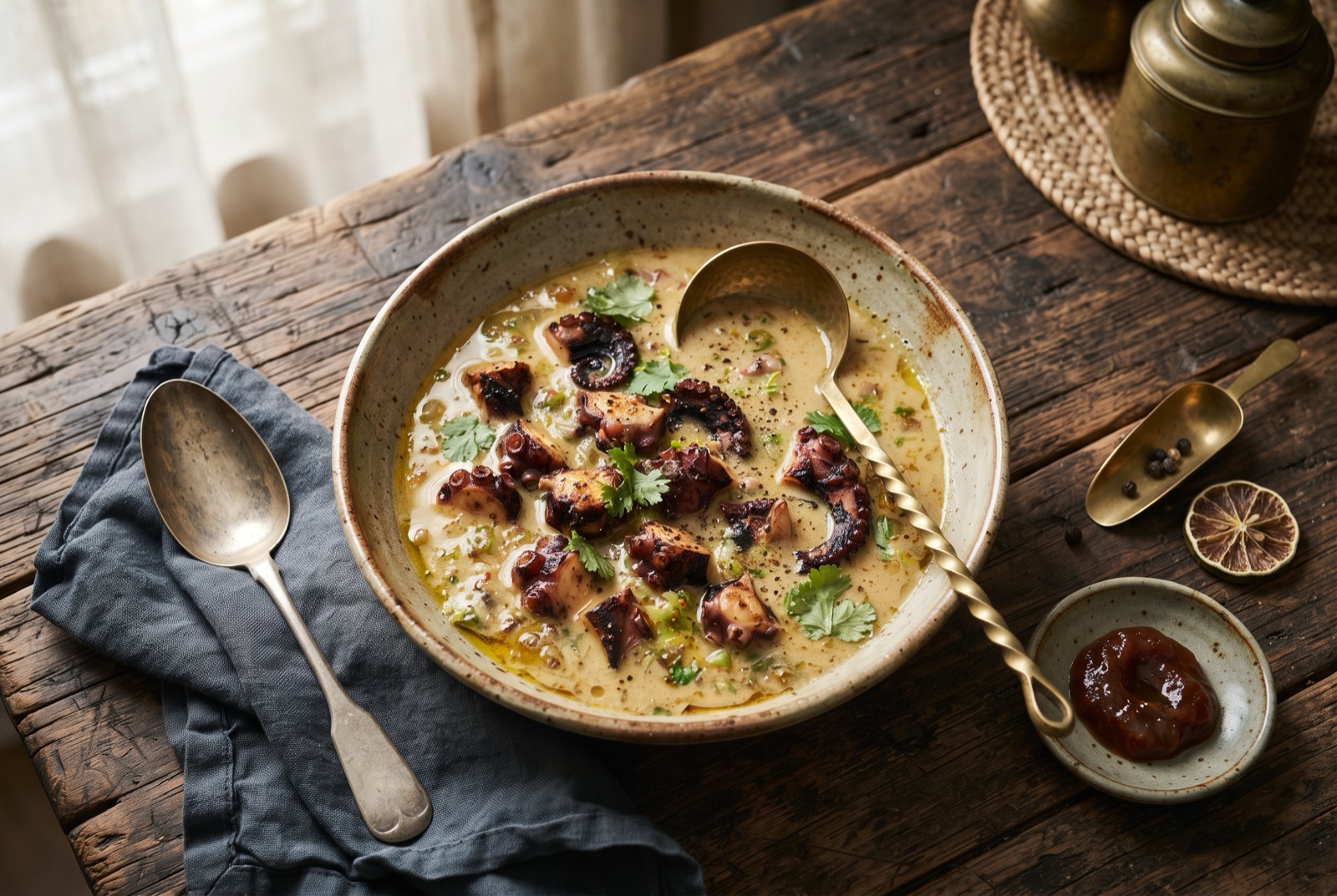 Chunks of octopus in a thick golden coconut curry sauce with green chilli and chopped coriander