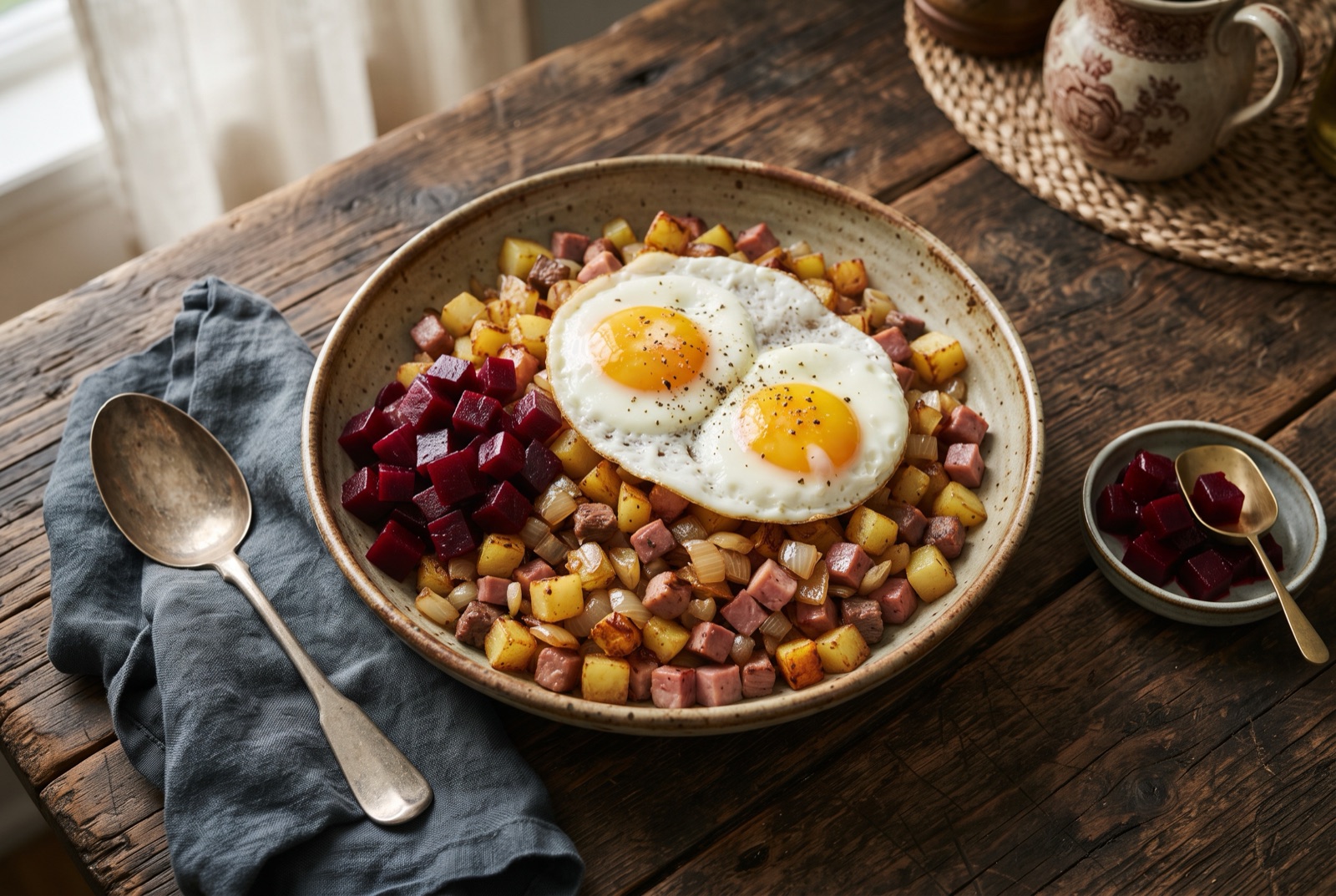 Swedish pyttipanna hash of browned potato and meat cubes topped with a fried egg and pickled beetroot