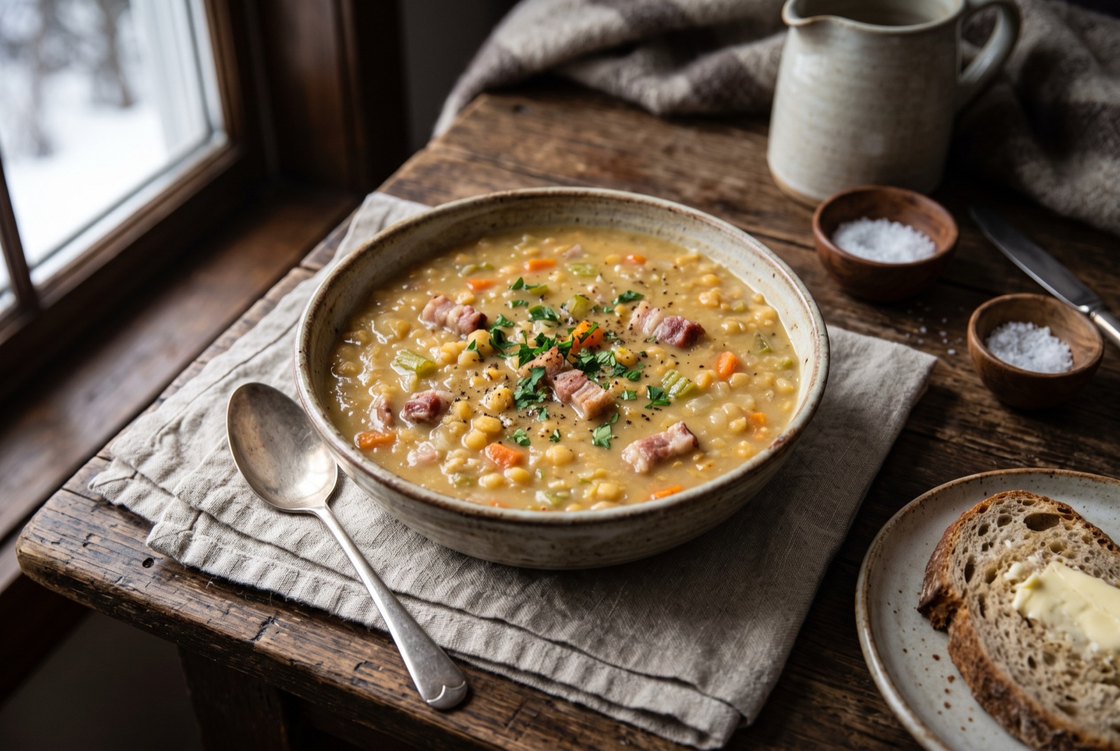 Deep bowl of thick yellow pea soup topped with crisp salt pork pieces and chopped parsley
