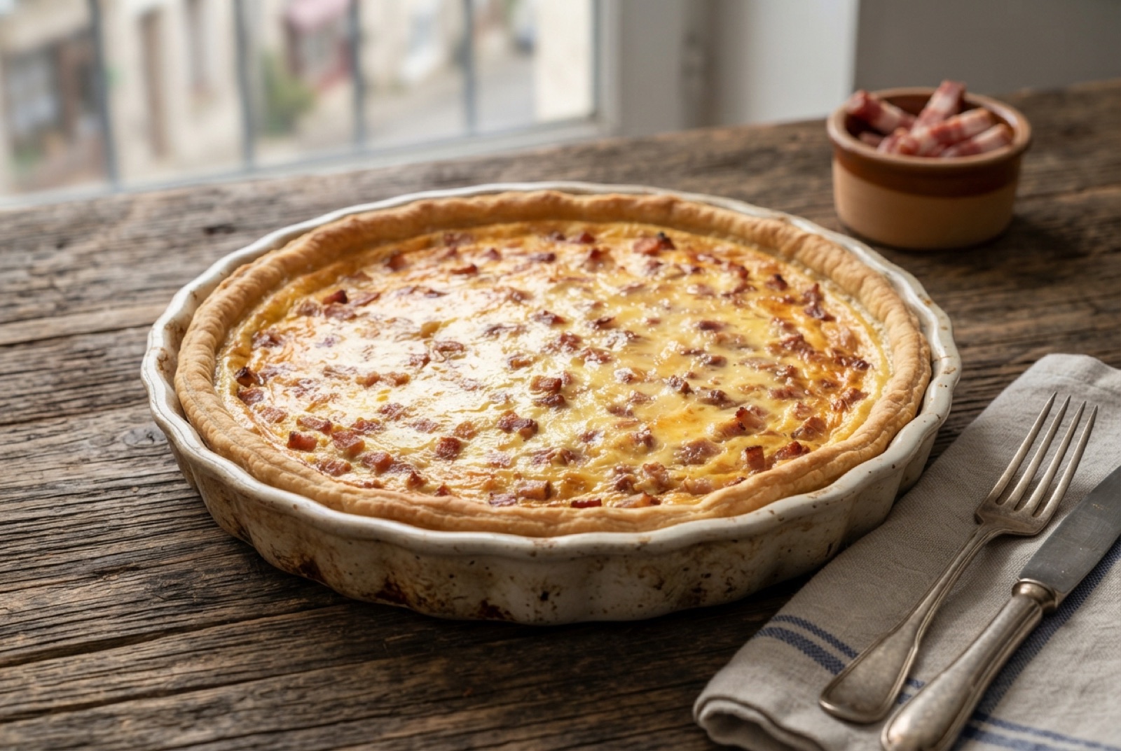 Slice cut from a golden quiche lorraine showing bacon lardons set in pale creamy custard and a crisp pastry base