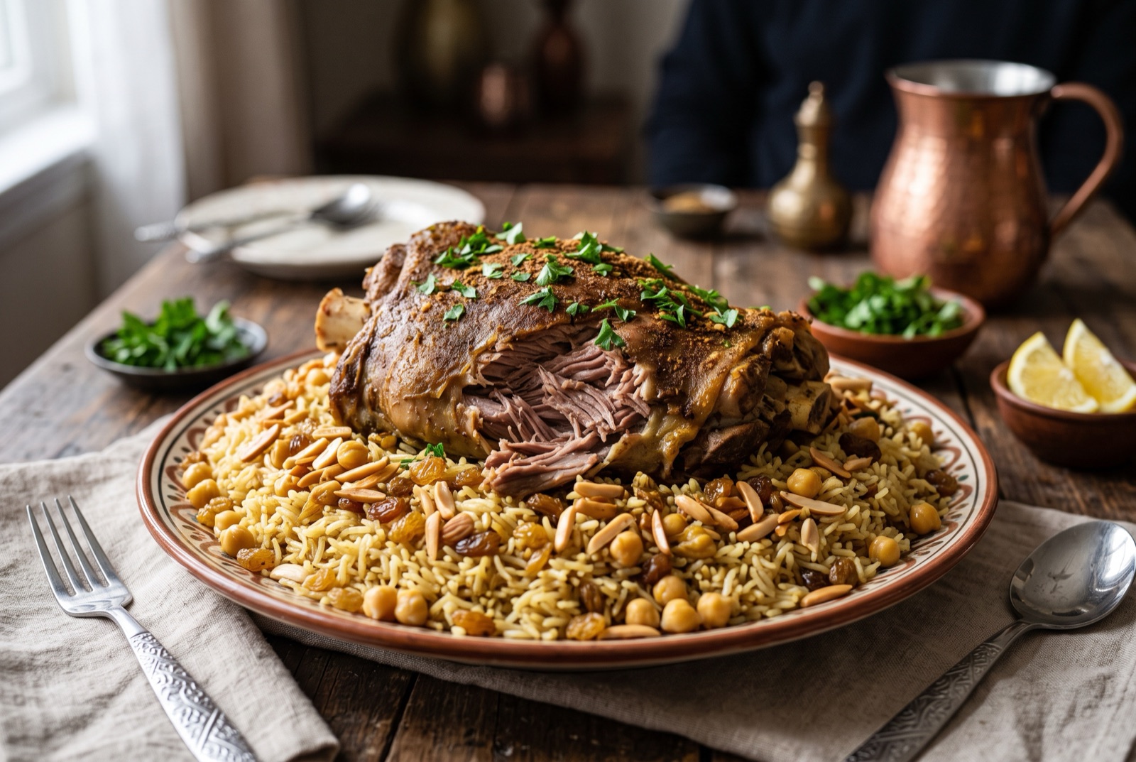 A whole roasted lamb shoulder resting on a platter of spiced rice scattered with almonds, raisins and parsley