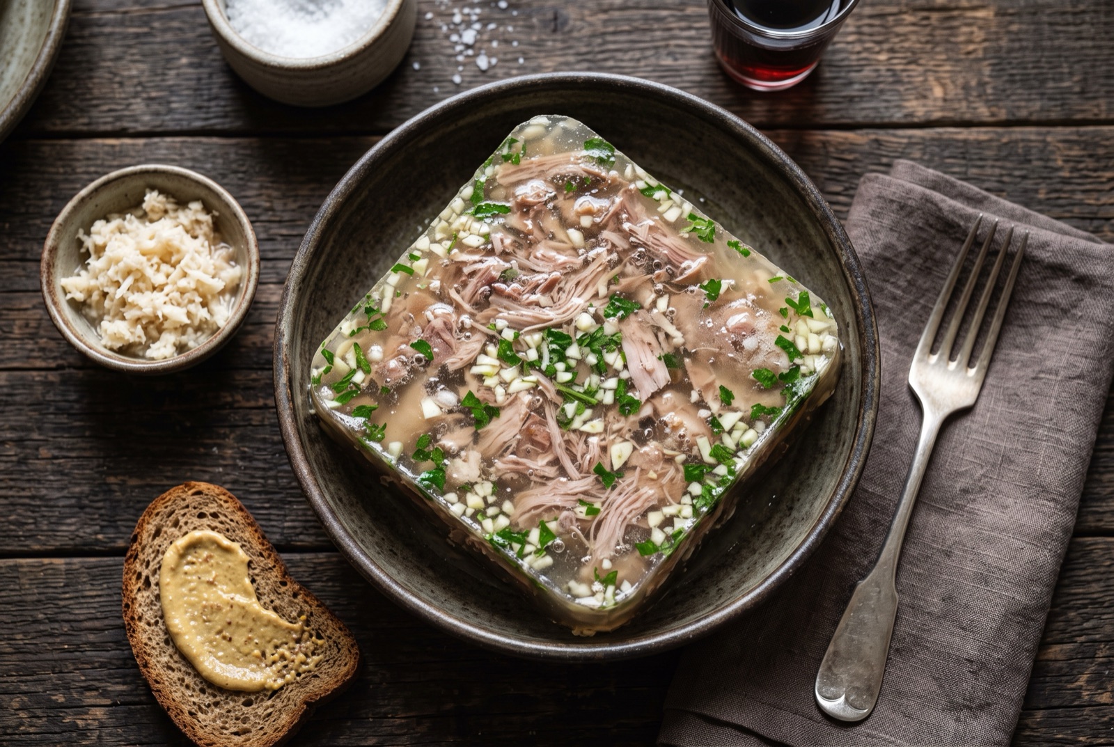 Squares of pale set pork jelly with shredded meat and parsley suspended inside, on a plate with mustard and bread