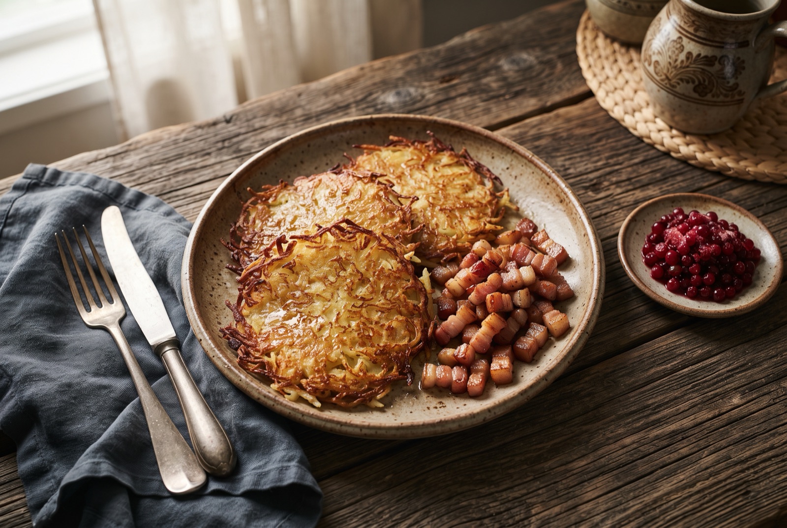 Golden raggmunk potato pancakes with lacy edges, fried salt pork strips and red lingonberry jam