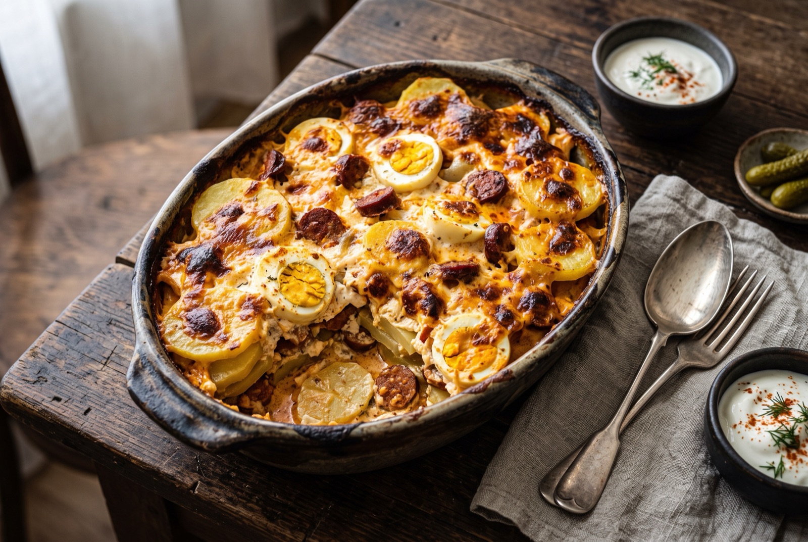 Baked Hungarian rakott krumpli with layers of potato, sliced egg and paprika sausage under a browned sour cream top