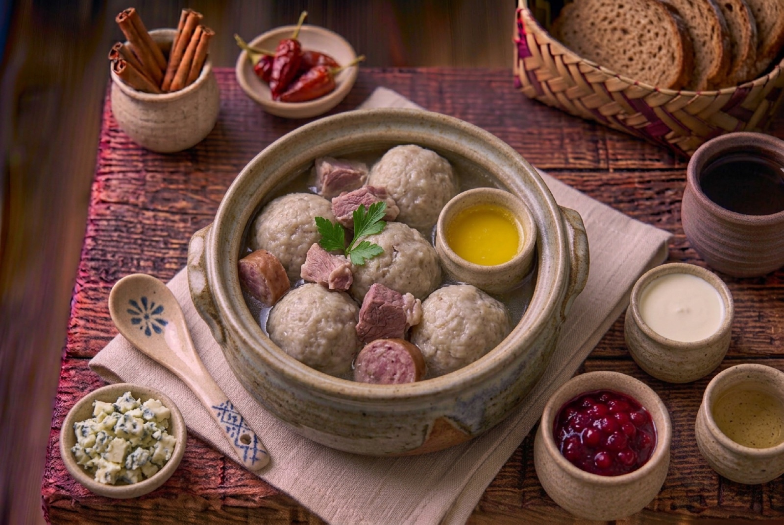 Grey-brown Norwegian potato dumpling on a plate with cured lamb, sausage, swede mash and melted butter
