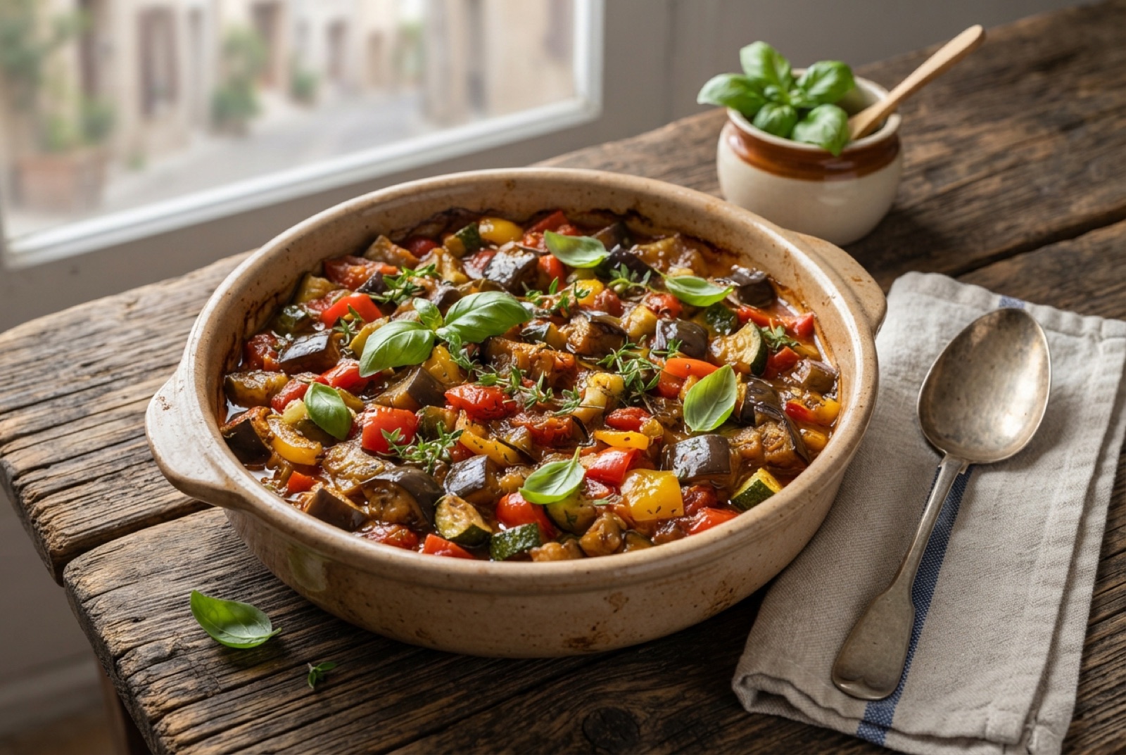 Rustic bowl of ratatouille with distinct chunks of eggplant, zucchini and peppers in glossy tomato sauce