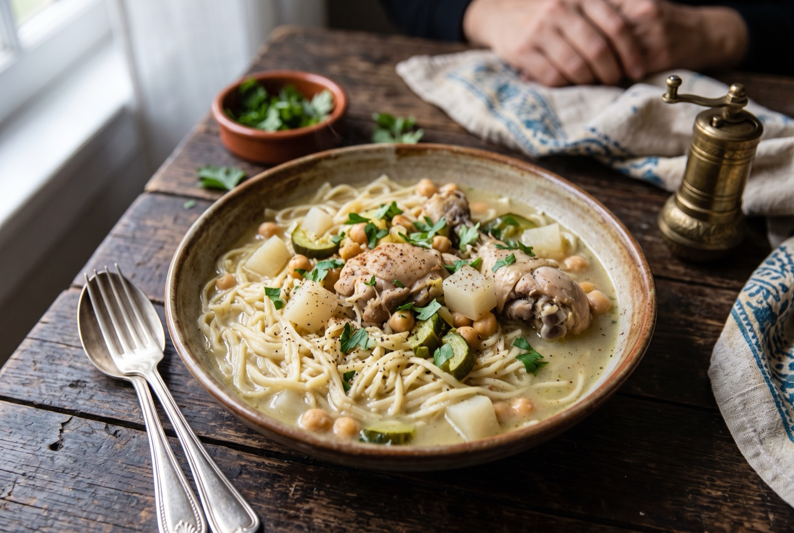 Platter of Algerian rechta — pale steamed flat noodles topped with chicken, chickpeas, turnip and courgette in a white broth