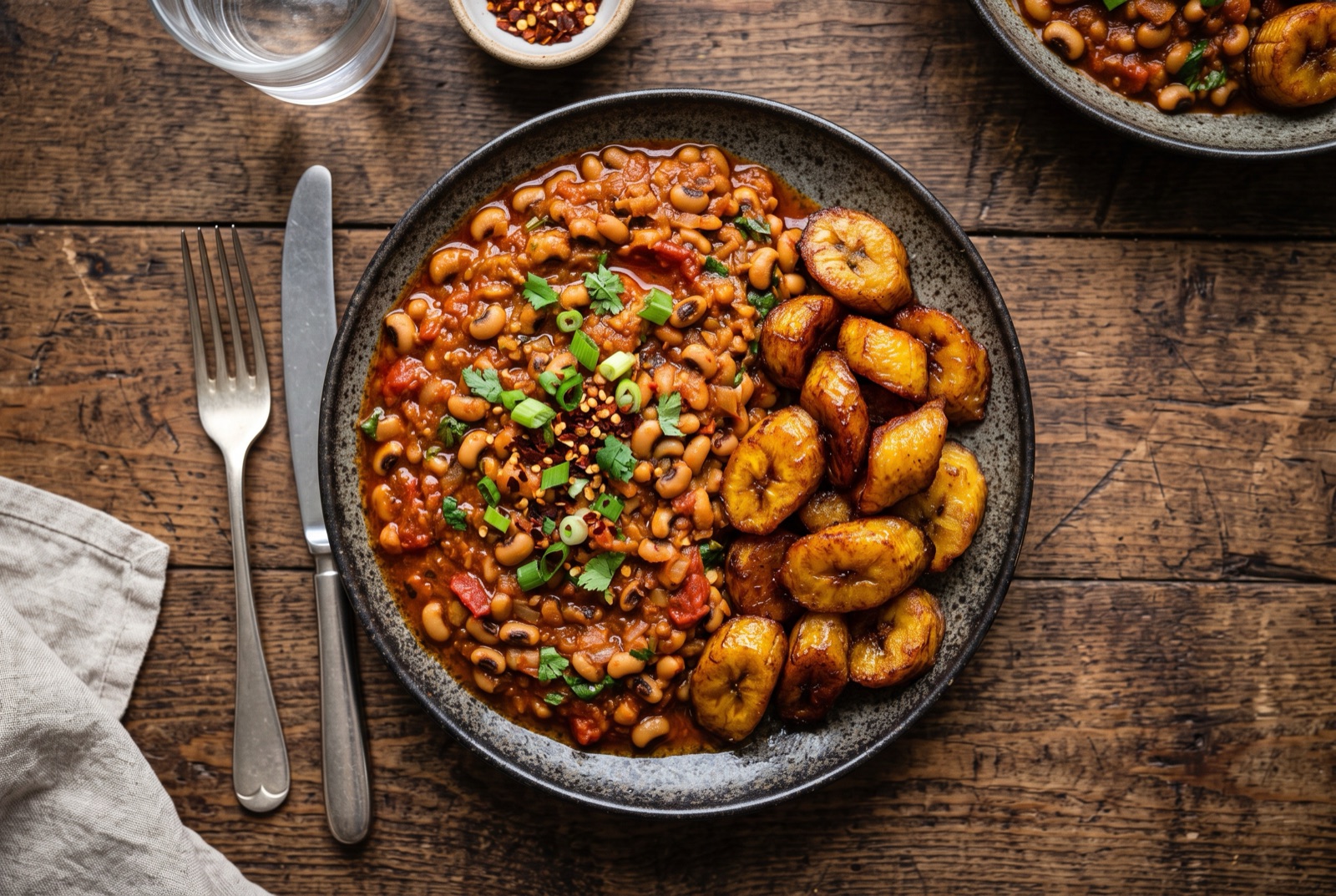 Bowl of rust-red Ghanaian cowpea stew beside golden fried ripe plantain slices and a scattering of gari