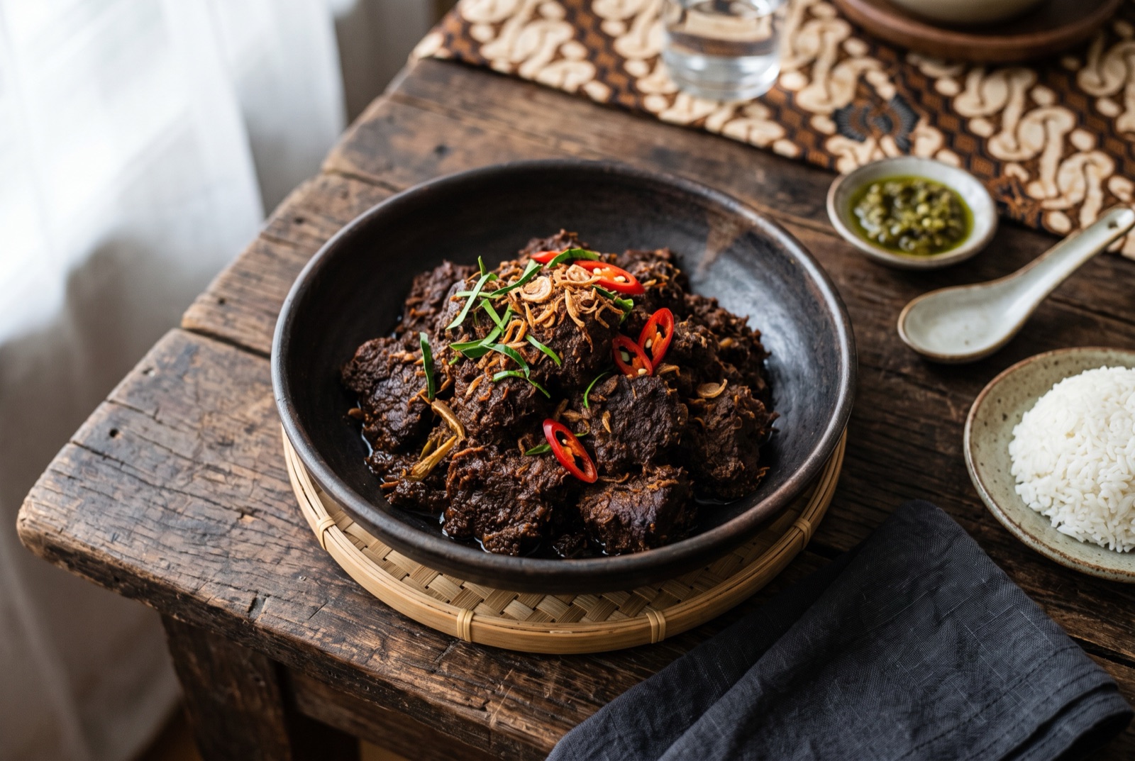 Dark, almost dry rendang beef cubes coated in caramelized coconut spice paste, served beside steamed white rice