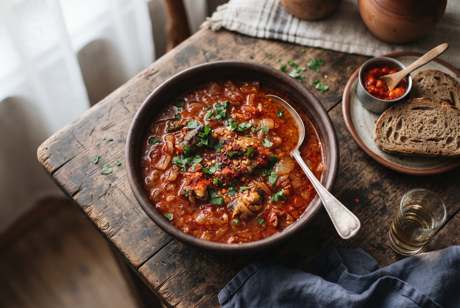 Deep red paprika fish soup with a thick carp steak and pepper rings in a bowl, bread alongside