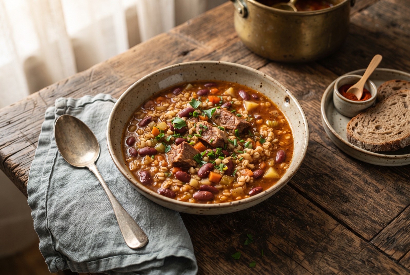 Deep bowl of ričet, thick pearl barley and bean pottage with carrot, potato and shredded smoked pork