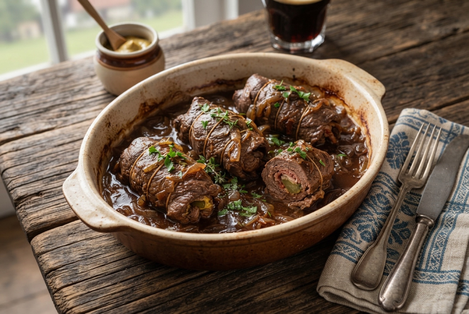 Two German beef rouladen sliced open to show bacon, onion and gherkin filling, in dark gravy with dumplings