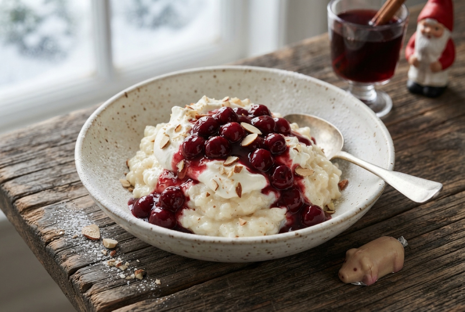 Bowl of pale Danish almond rice pudding topped with glossy dark red cherry sauce