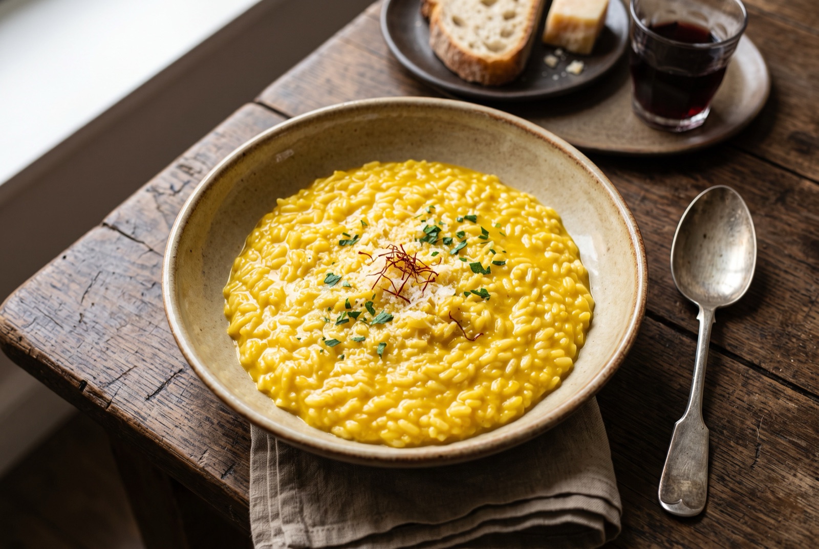 Golden saffron risotto spread in a wave across a shallow white plate with grated Parmigiano on top