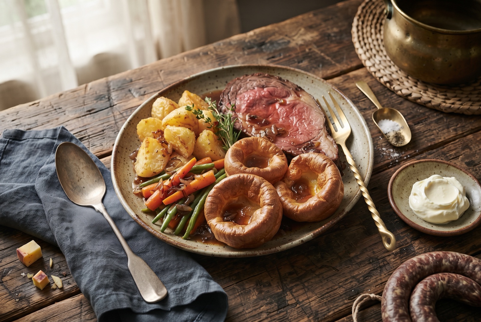 Sliced rare roast beef with tall Yorkshire puddings, roast potatoes and a jug of gravy
