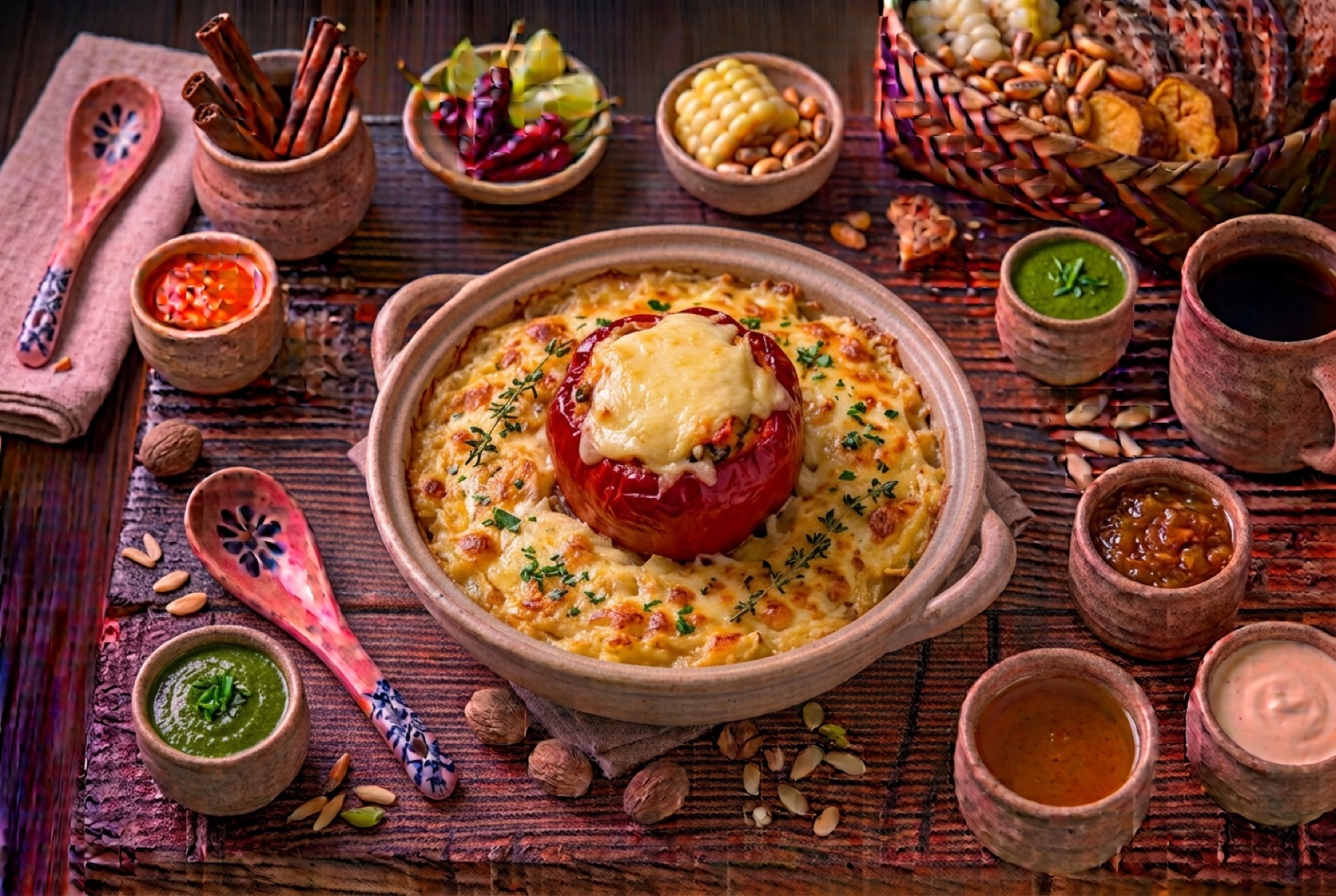 Baked red rocoto pepper stuffed with spiced beef and melted cheese, sitting on a layered potato gratin