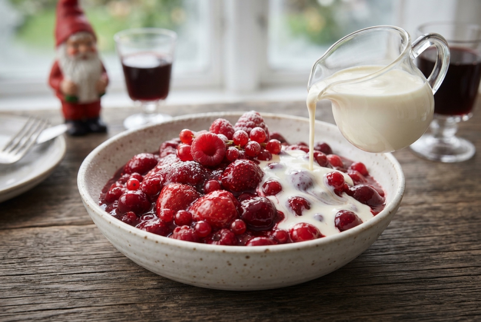 Deep red Danish berry compote in a glass bowl with cold cream poured across the surface