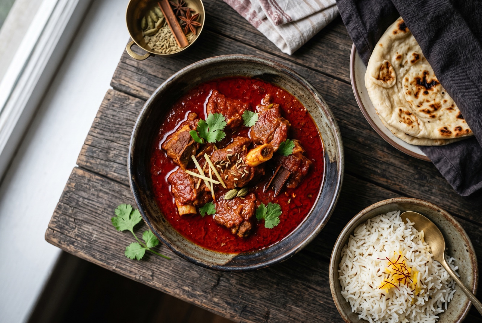 Deep red Kashmiri rogan josh with bone-in lamb pieces in a glossy thin sauce, served beside basmati rice