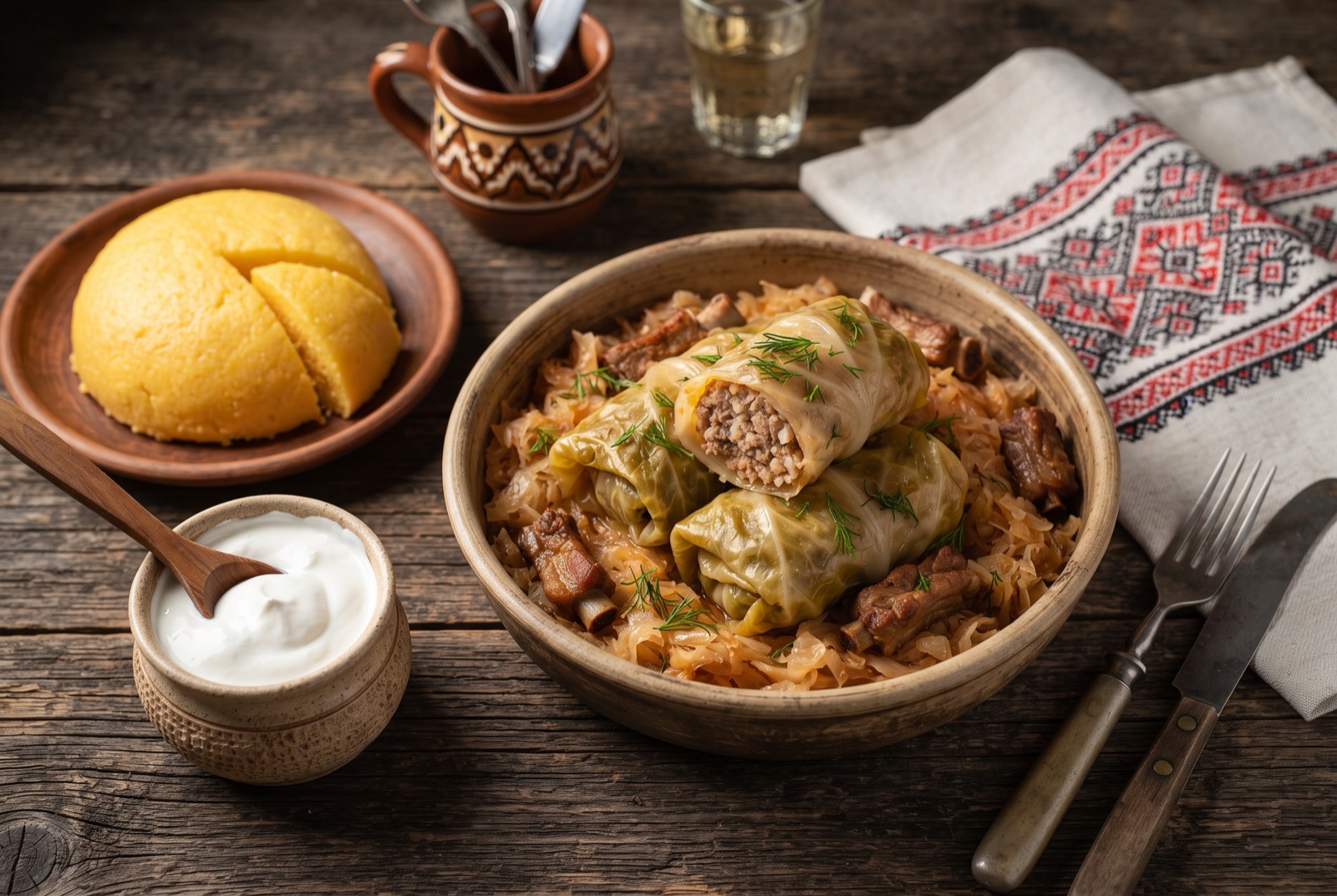 Small brined cabbage rolls packed in a dark pot with smoked ribs and sauerkraut, sour cream spooned on top