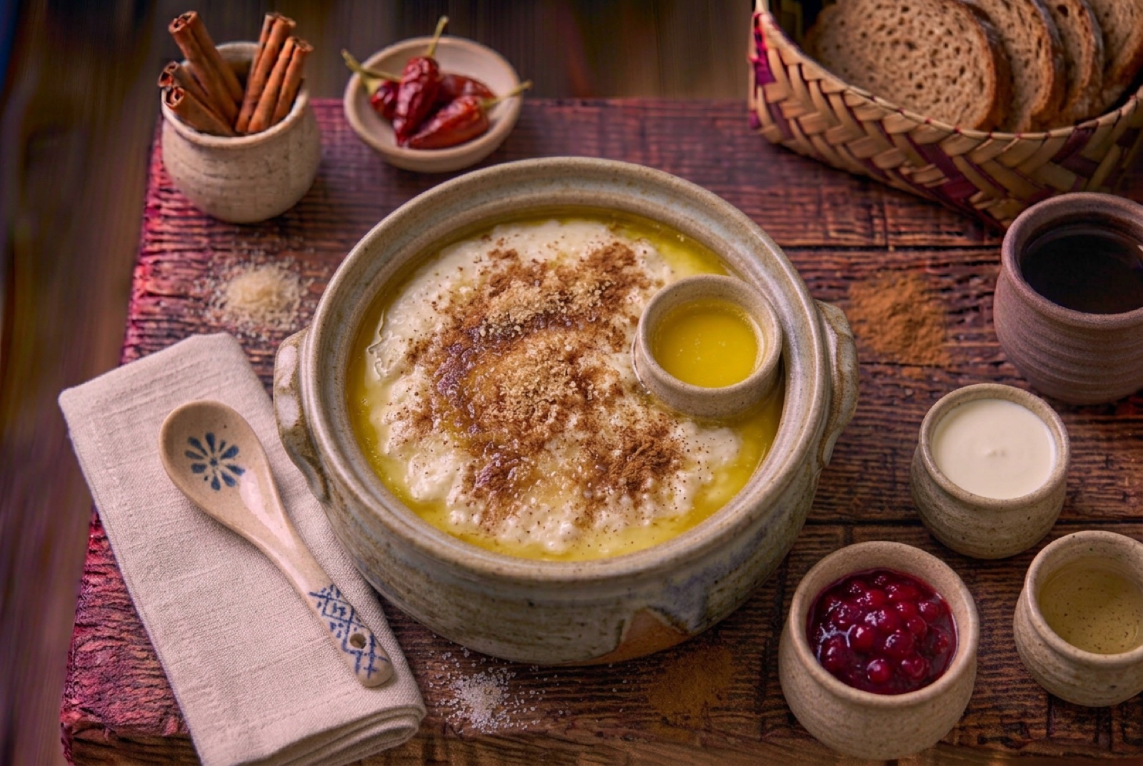 Bowl of thick Norwegian sour cream porridge with a pool of melted butter, sugar and cinnamon on top