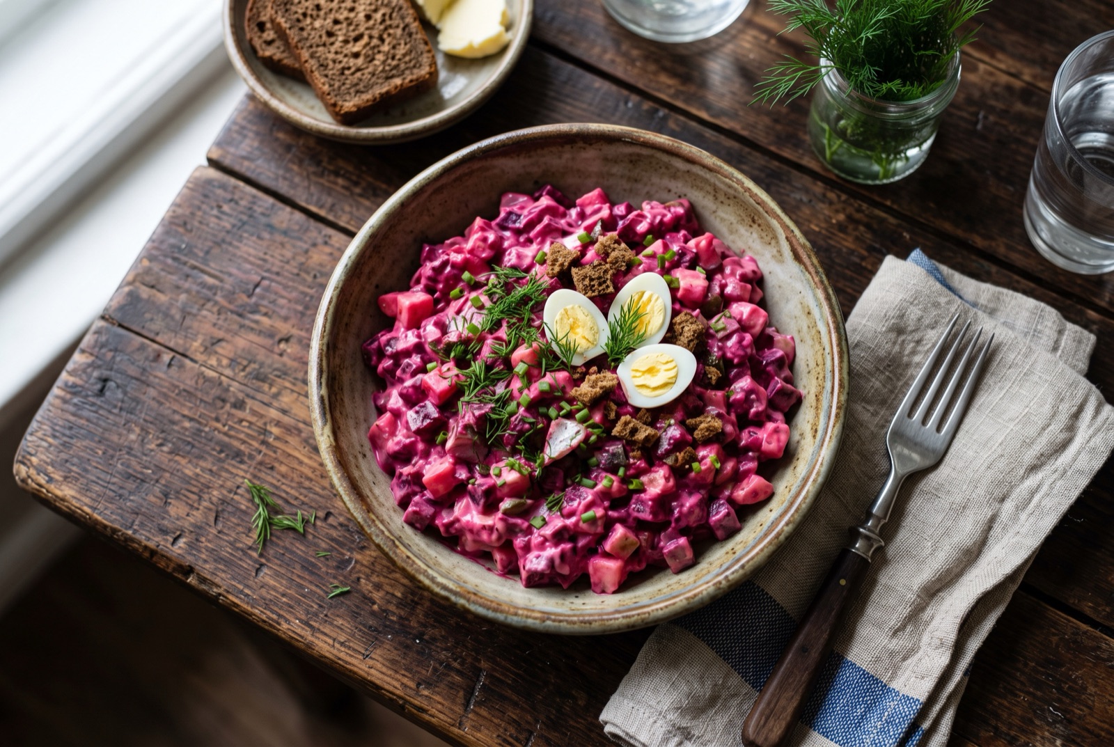 Bowl of bright magenta Estonian rosolje salad with diced beetroot, potato, egg and dill on top