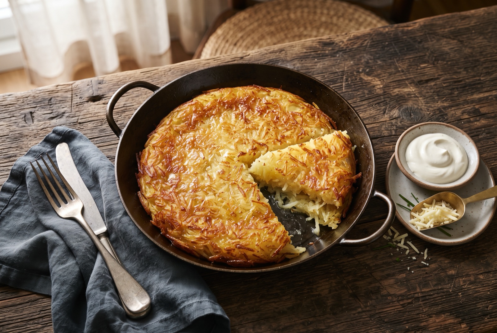 Golden crisp Swiss rösti potato cake in a cast-iron pan, cut into a wedge to show the soft interior
