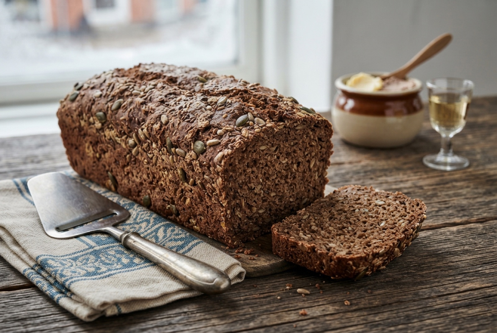 Dark dense Danish rye loaf sliced thin, showing cracked grain and seeds through the crumb