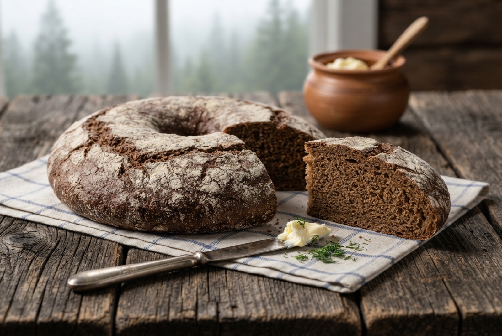 Dark flat round of Finnish sour rye bread with a hole in the centre, one slice cut showing dense crumb