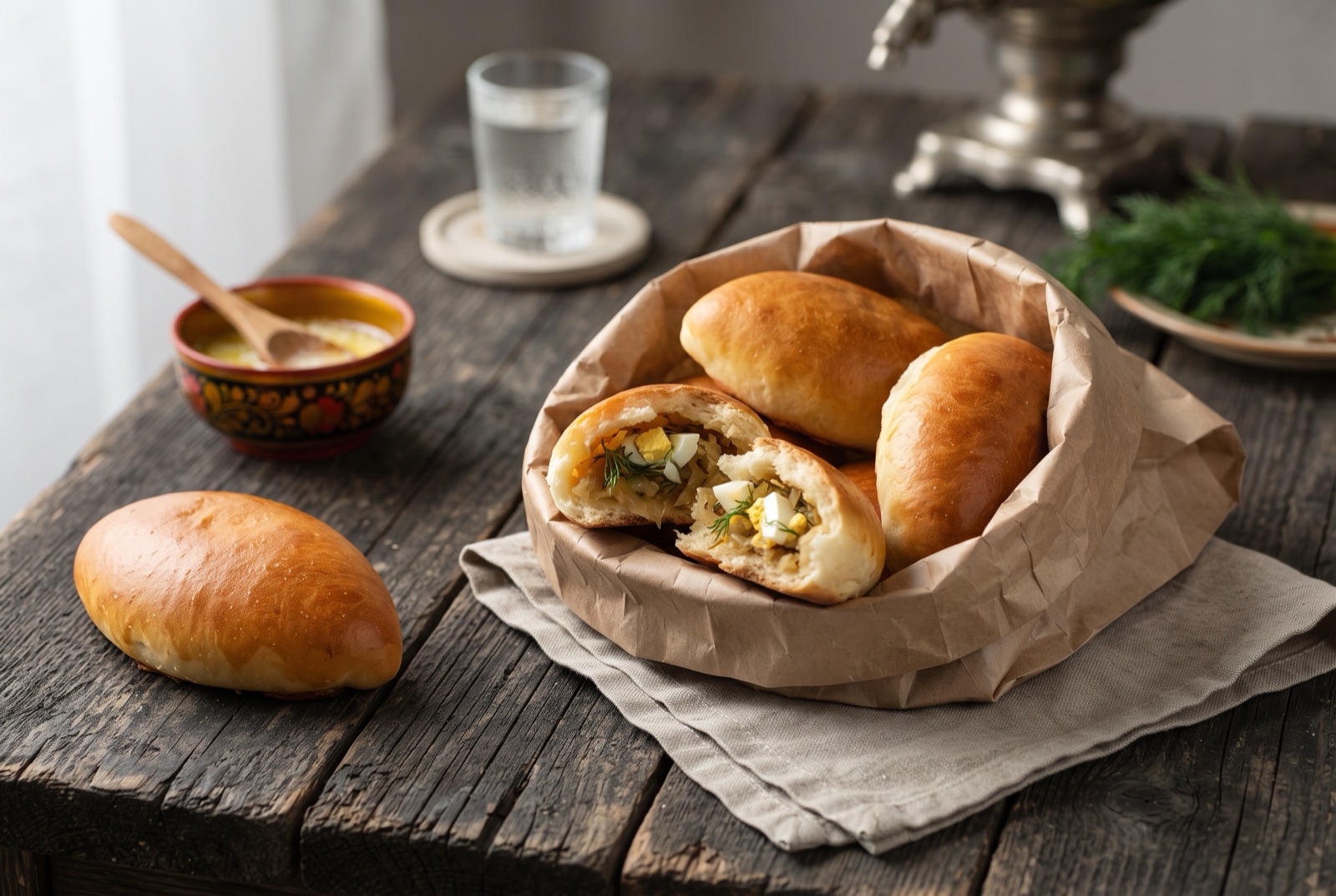 Tray of golden baked Russian pirozhki buns, one torn open to show the cabbage, egg and dill filling