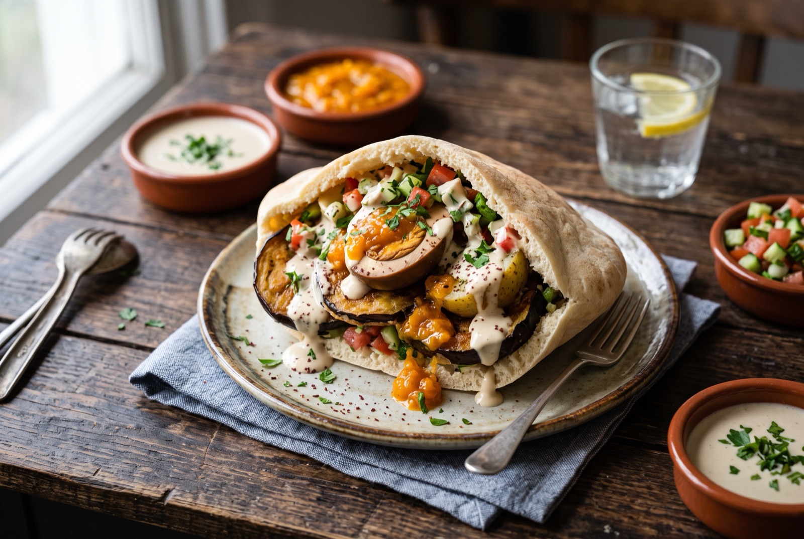 Pita stuffed with fried aubergine slices, brown egg rounds, potato and chopped salad, topped with tahini and yellow amba
