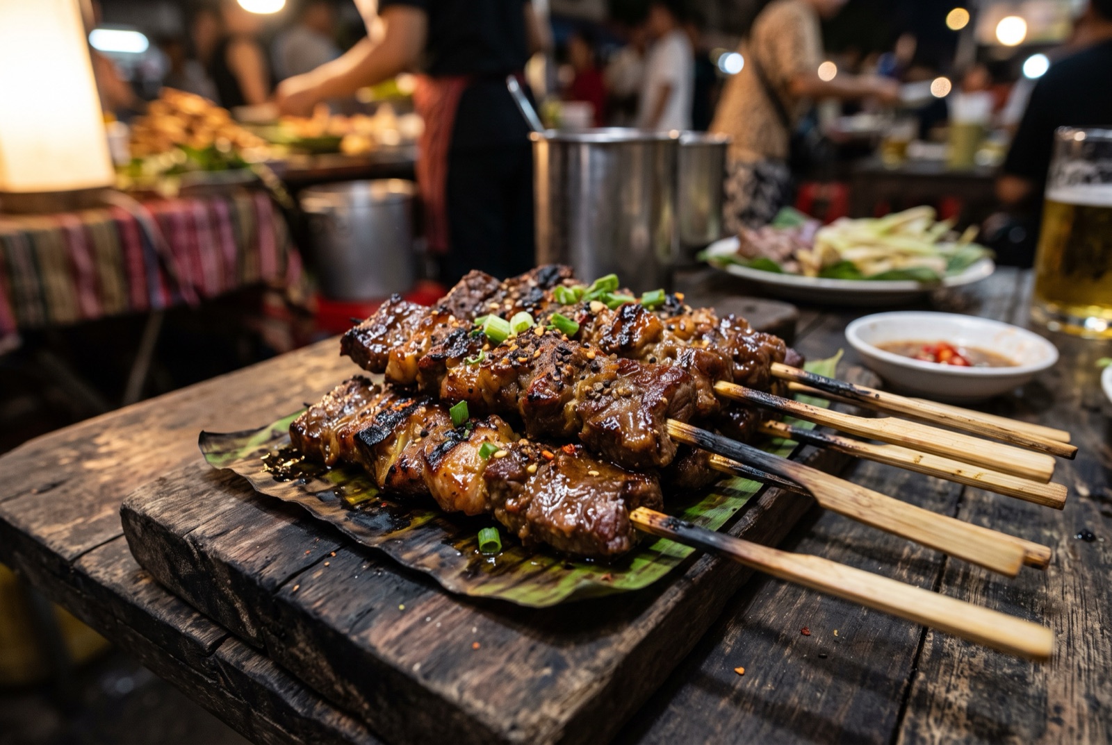 Charred lemongrass beef skewers on bamboo sticks over glowing coals, with lime wedges and pickled vegetables