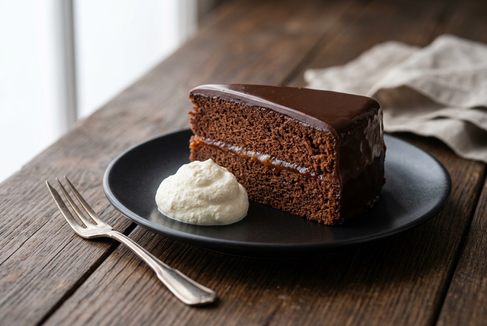 Slice of Sachertorte showing dark sponge, apricot jam layer and glossy chocolate glaze with whipped cream