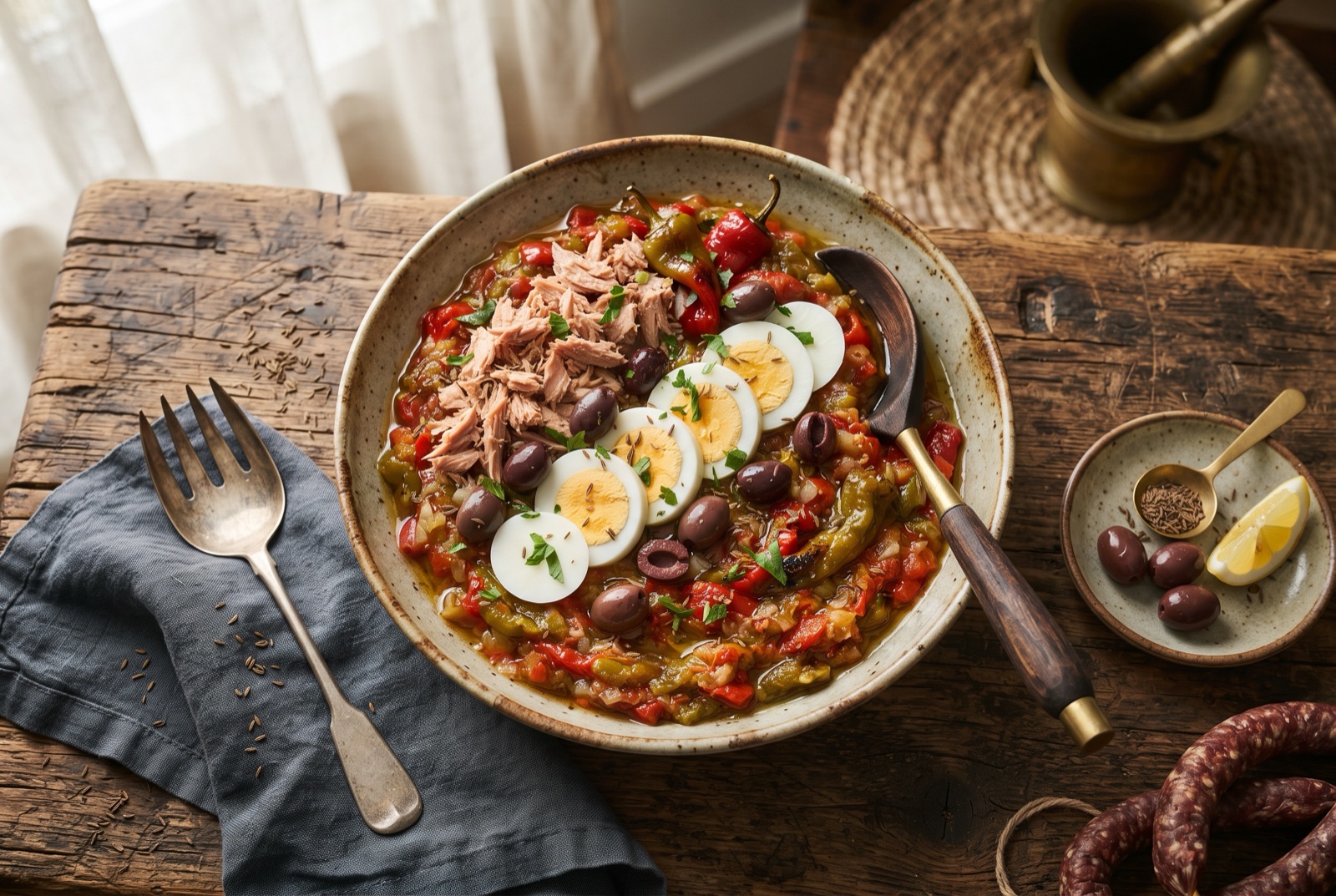 Flat plate of chopped charred green pepper and tomato salad topped with flaked tuna, egg quarters and black olives
