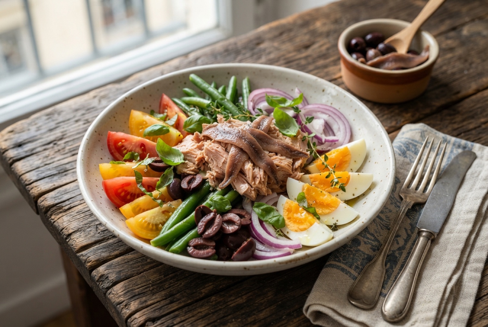 Platter of salade nicoise with tomato wedges, black olives, anchovy fillets, tuna chunks and halved eggs