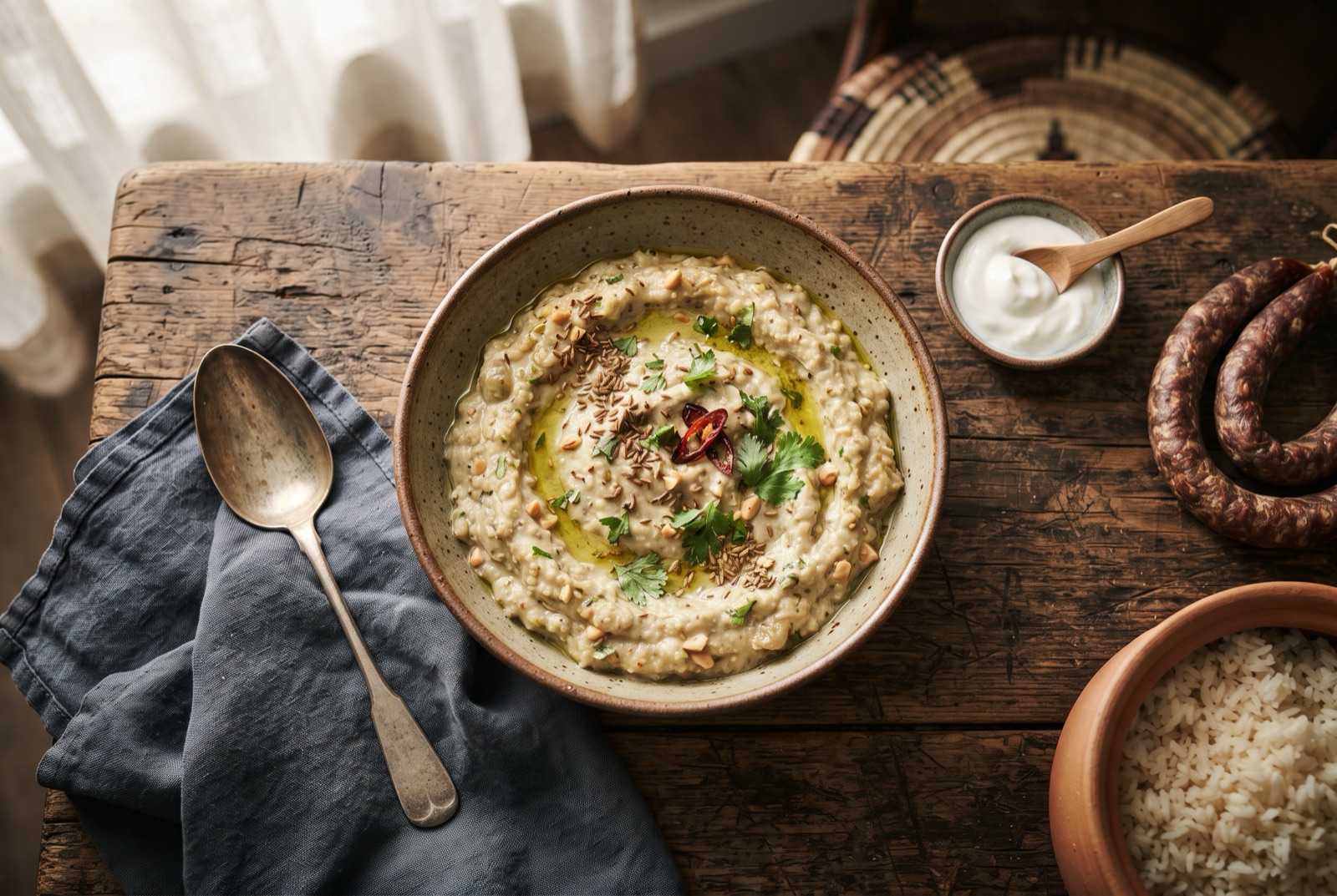 Bowl of creamy pale Sudanese aubergine and peanut salad topped with green chilli and oil