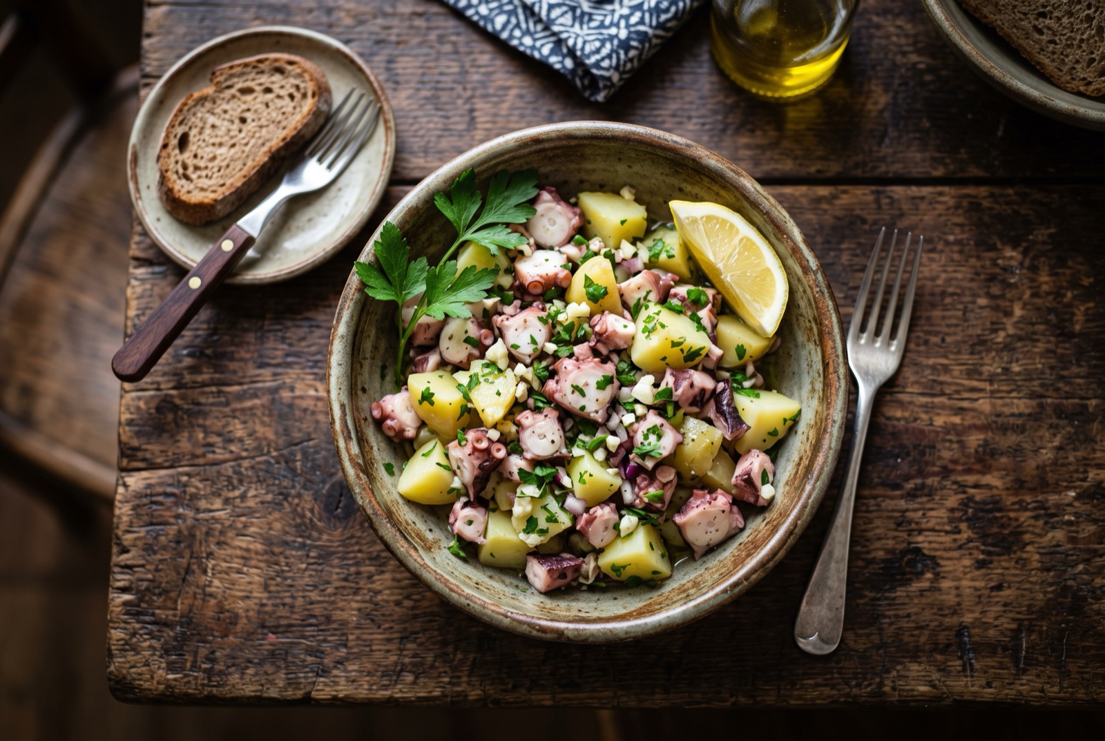 Bowl of Dalmatian octopus salad with potato chunks, red onion slivers and chopped parsley glossy with olive oil