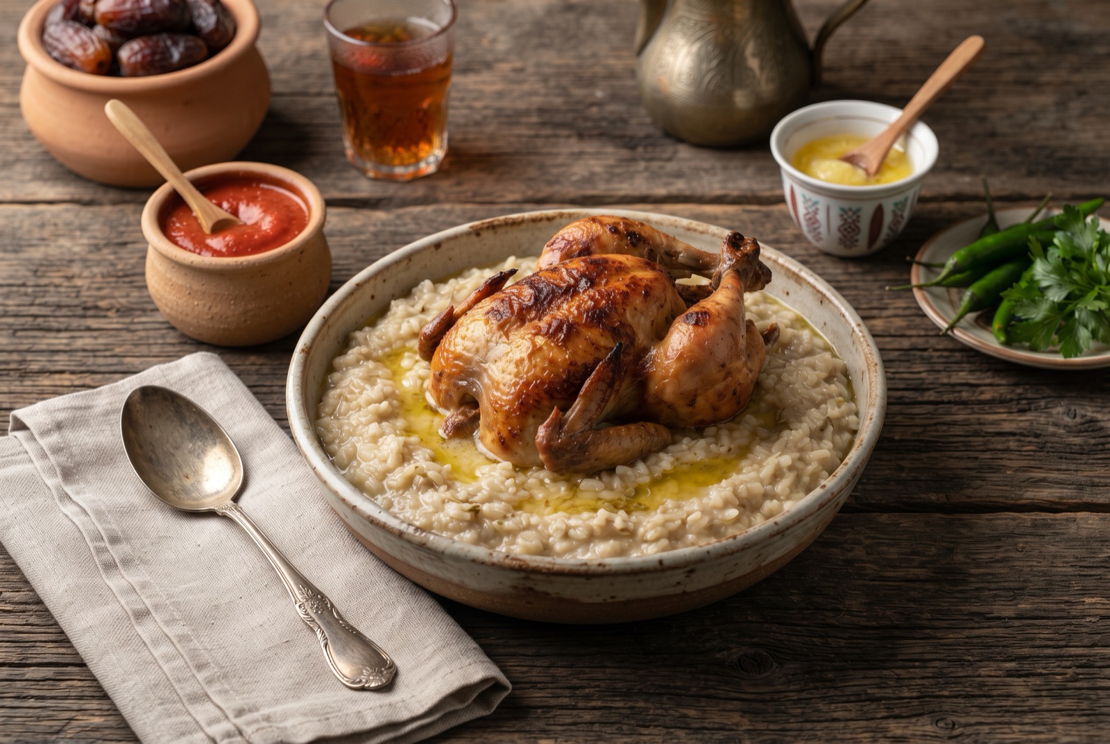 Wide platter of creamy Saudi saleeg rice topped with browned whole chicken and melted ghee, tomato daqoos alongside