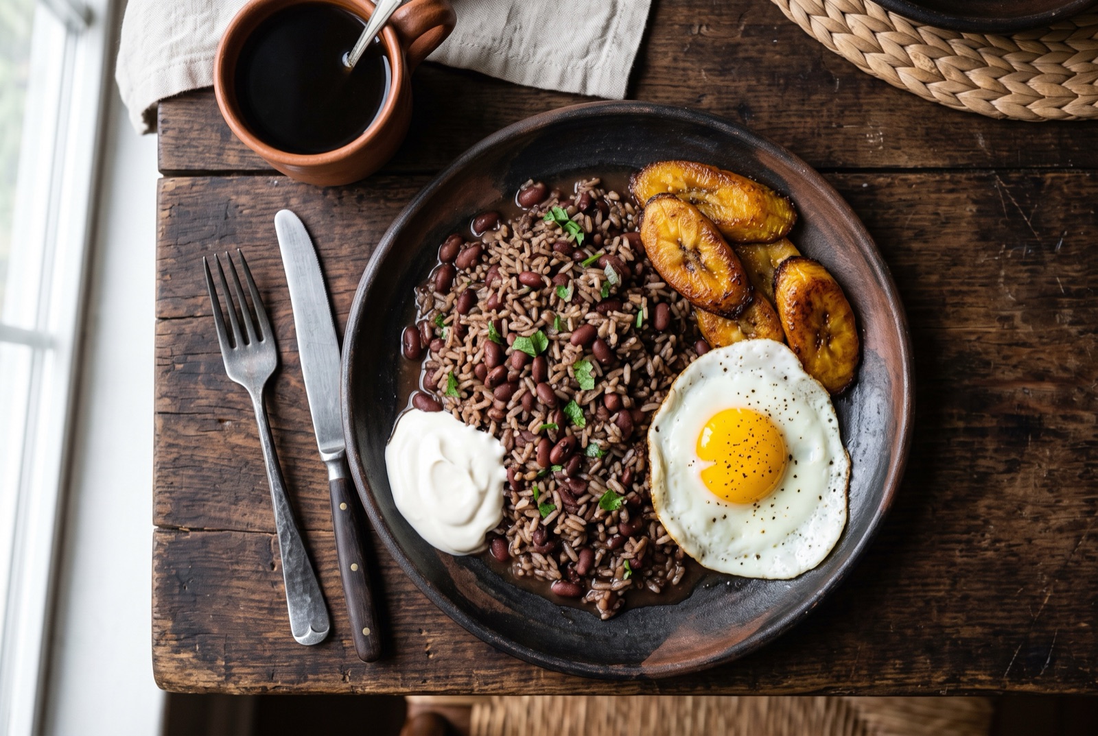 Plate of Salvadoran casamiento, red beans fried into stained rice, with plantain, fried egg and crema