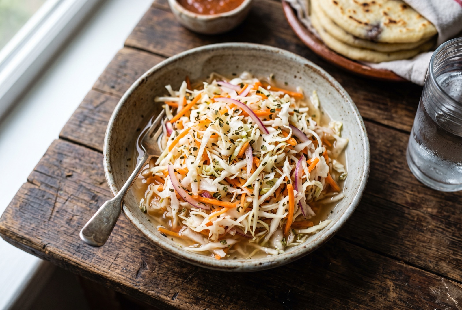 Jar of Salvadoran curtido, shredded cabbage carrot and onion in cloudy vinegar brine with oregano