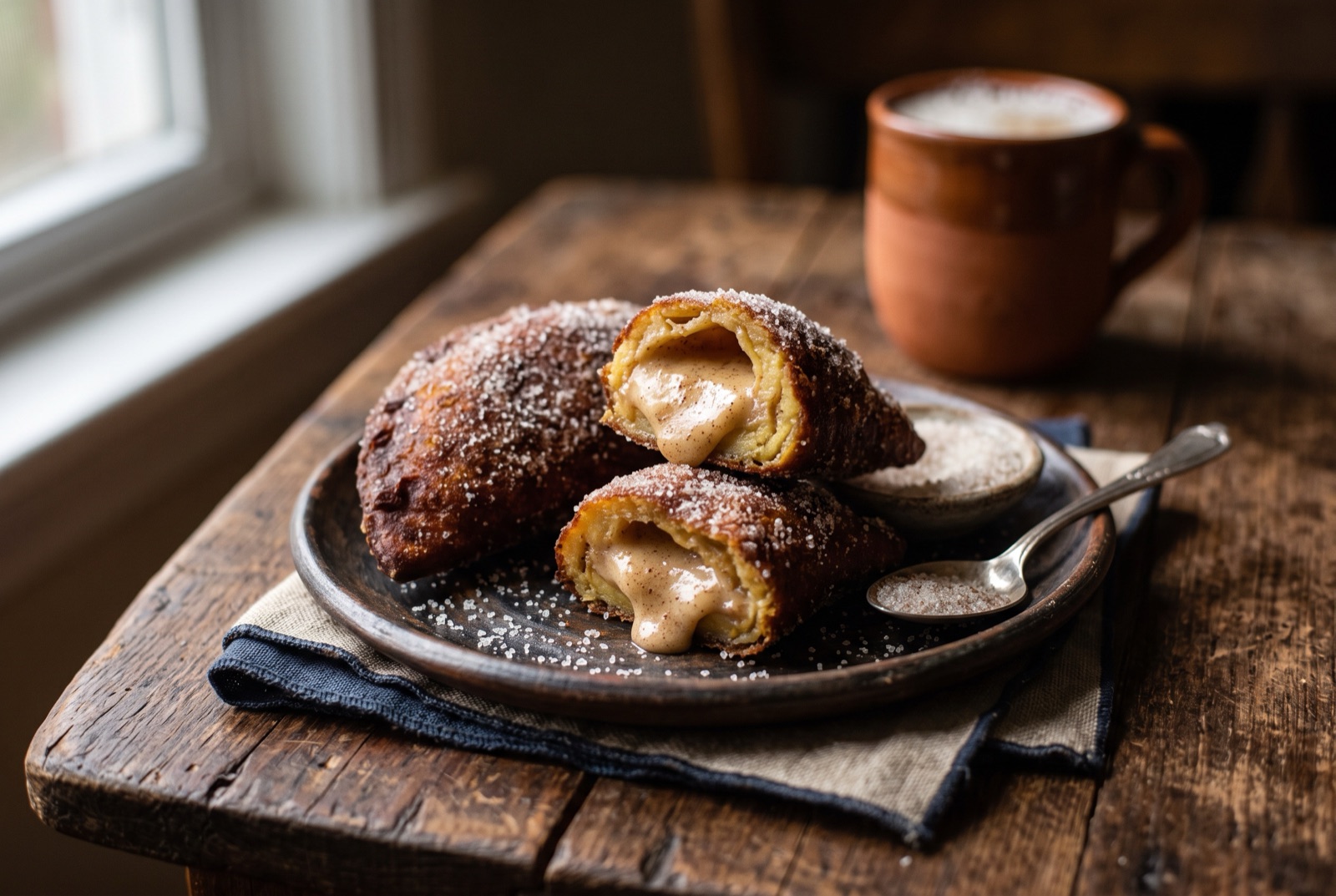Fried plantain empanadas rolled in cinnamon sugar, one broken open to show thick milk custard inside