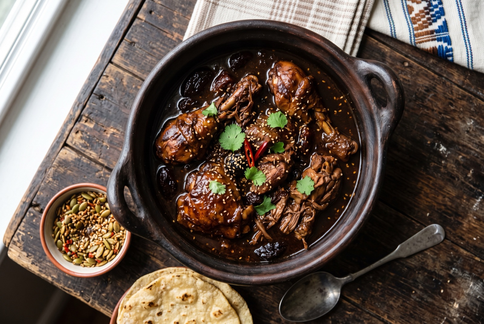 Dark glossy stew of rooster pieces with prunes in fermented corn sauce, served in a shallow bowl with rice