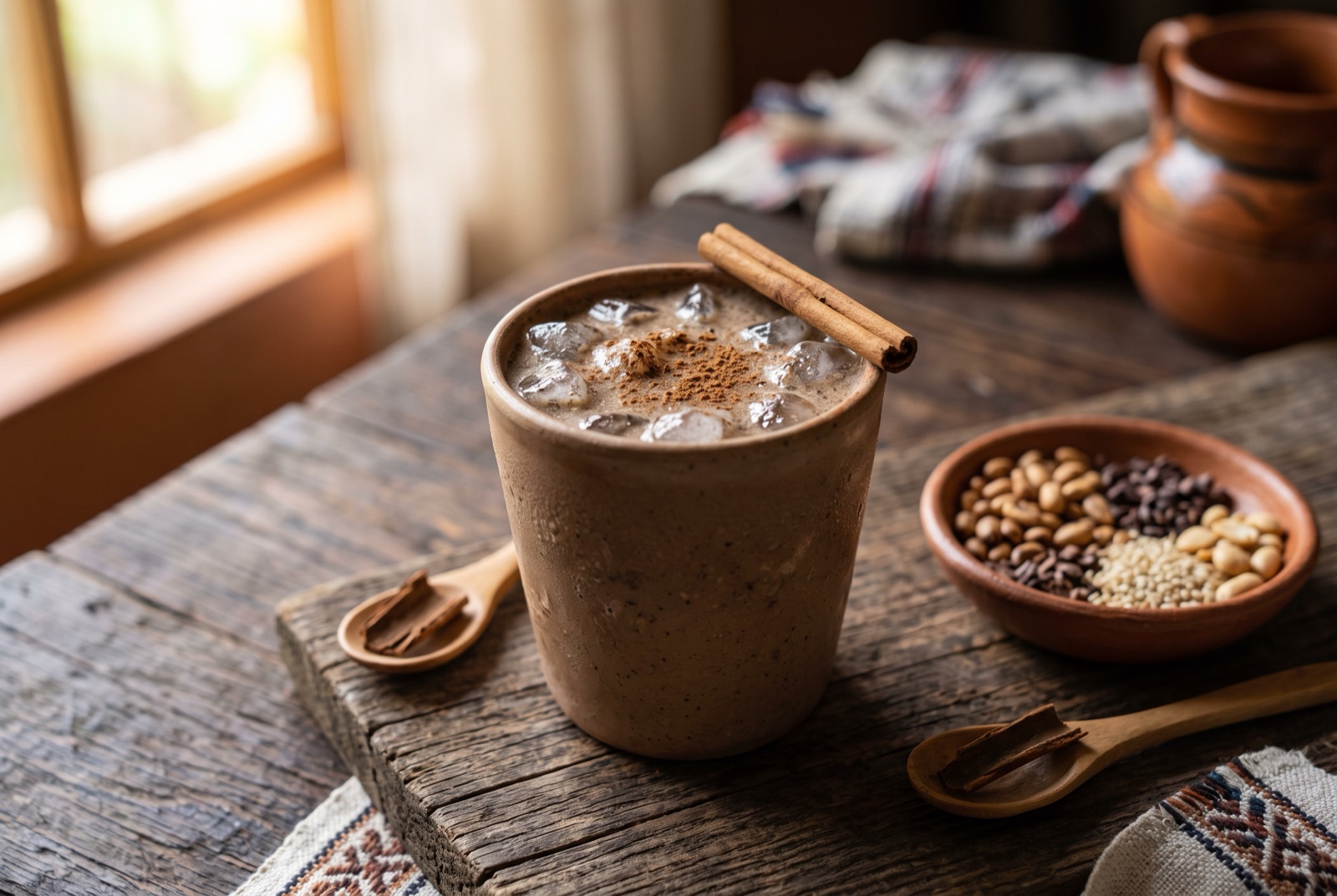 Tall glass of Salvadoran horchata de morro, opaque nutty brown drink over ice with a cinnamon stick