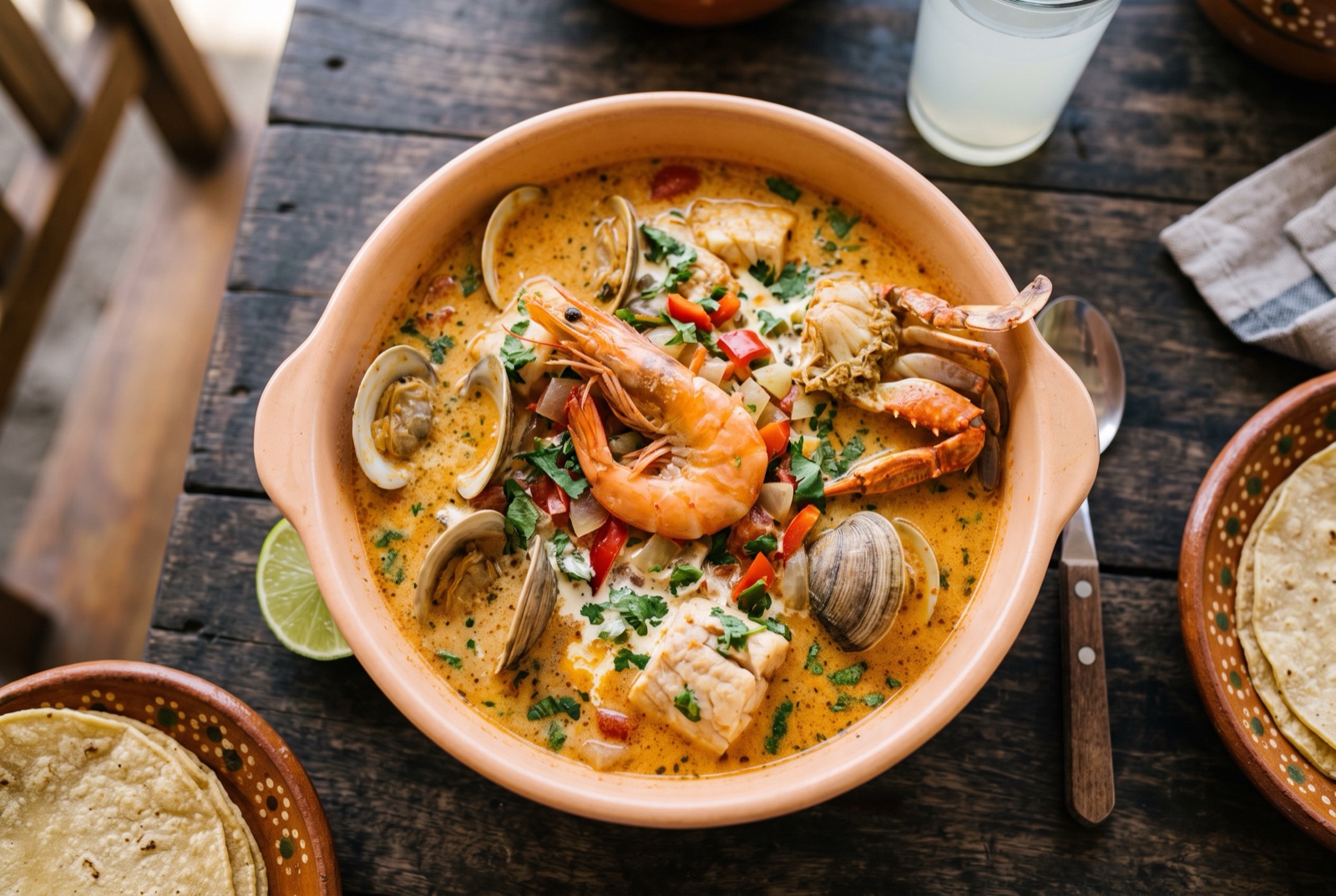 Wide bowl of Salvadoran mariscada with shrimp, clams, crab and white fish in creamy orange achiote broth