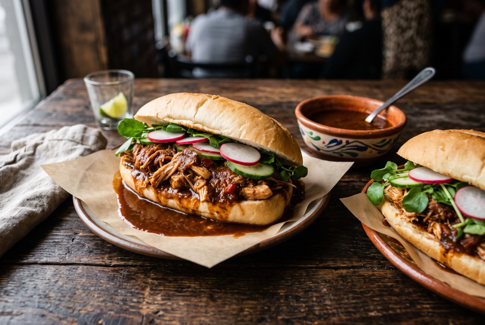 Split Salvadoran roll filled with shredded chicken in red relajo sauce, watercress, radish and cucumber slices