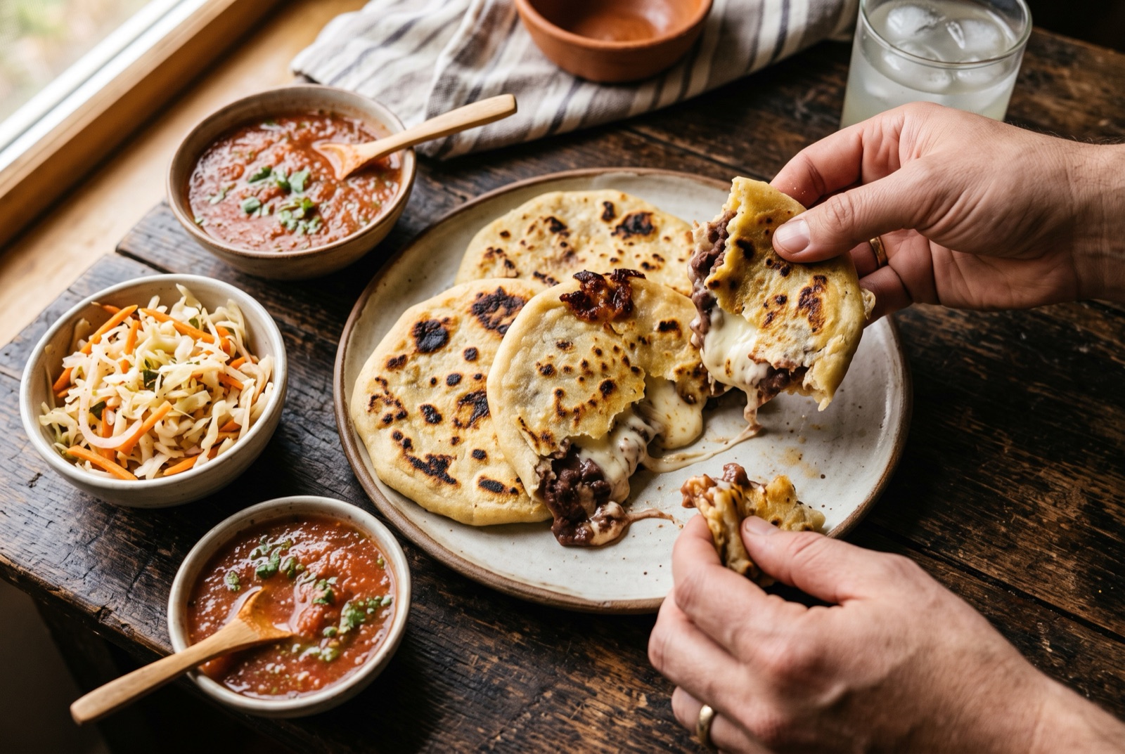 Stack of griddled Salvadoran pupusas with melted cheese escaping the seam, curtido and tomato salsa alongside