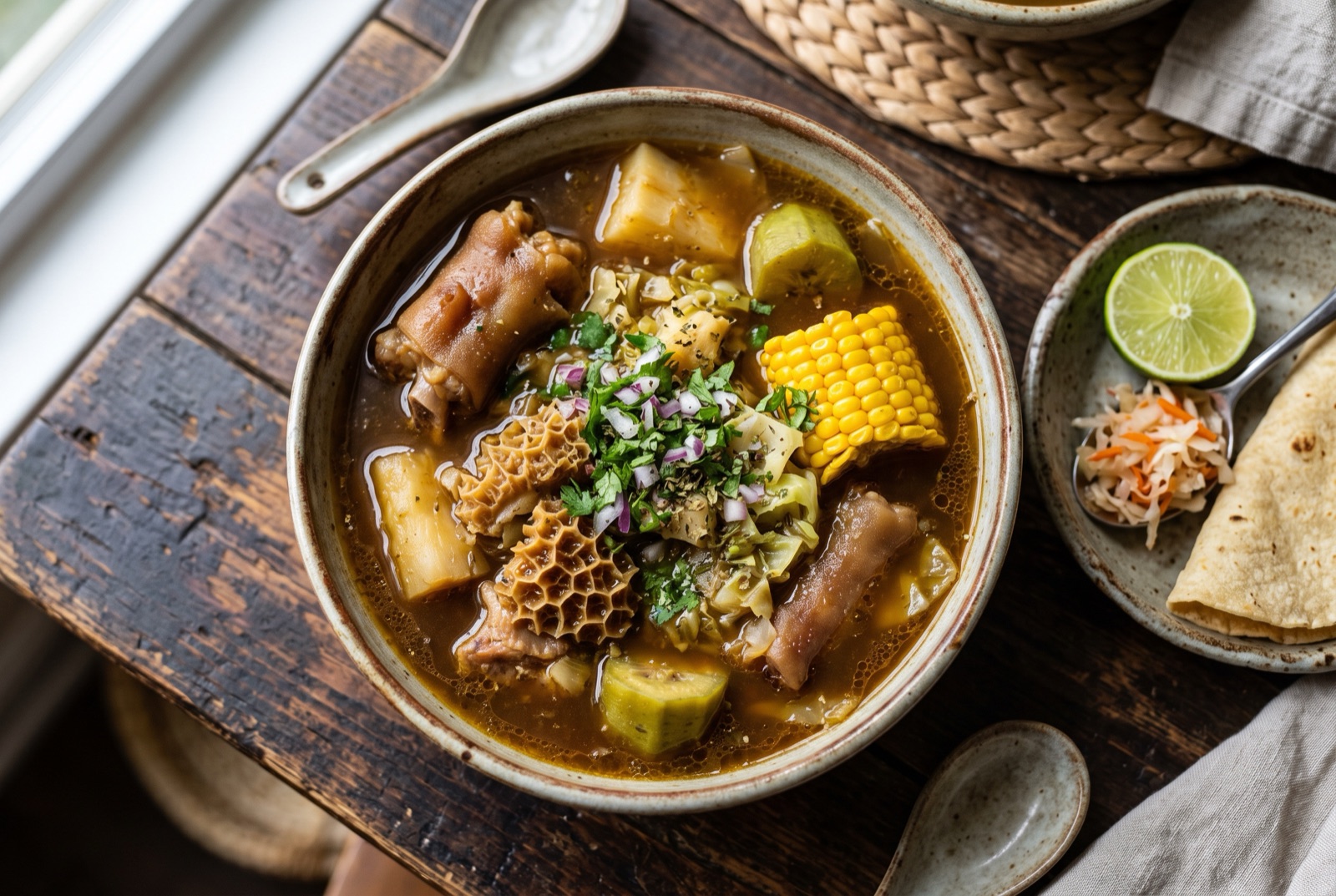 Deep bowl of Salvadoran sopa de pata with cow foot, tripe, corn rounds, cassava and cabbage in clear broth