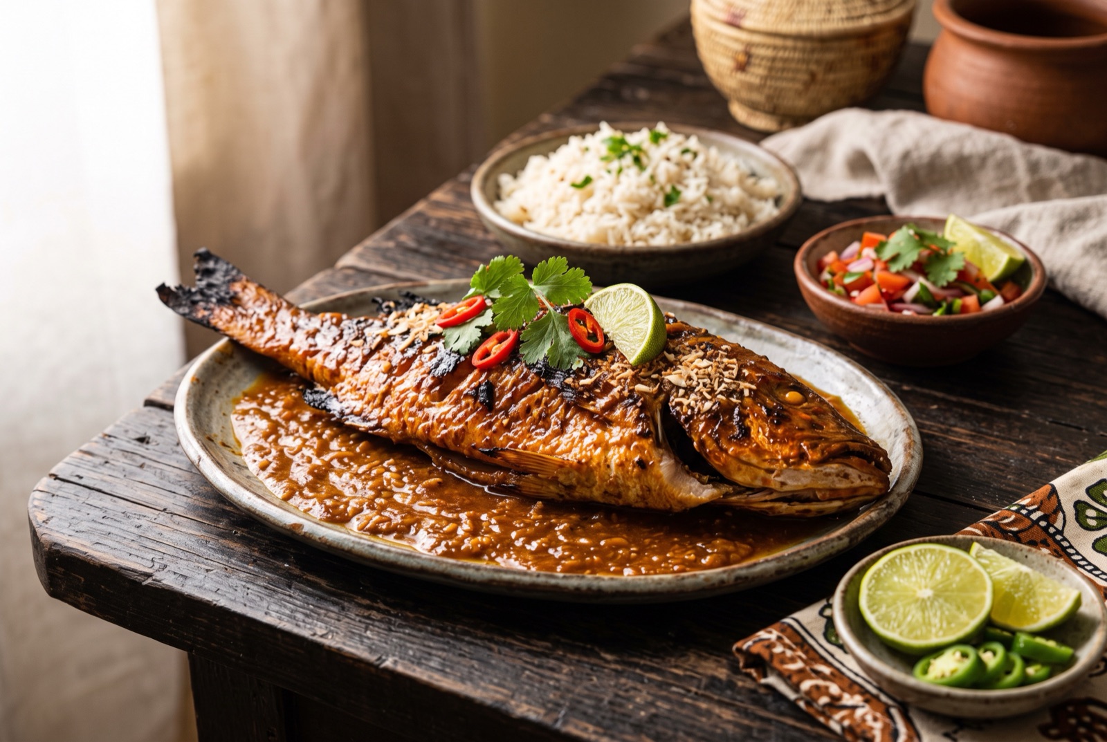 Whole grilled fish glazed with thick orange coconut sauce, scattered with coriander and lime wedges