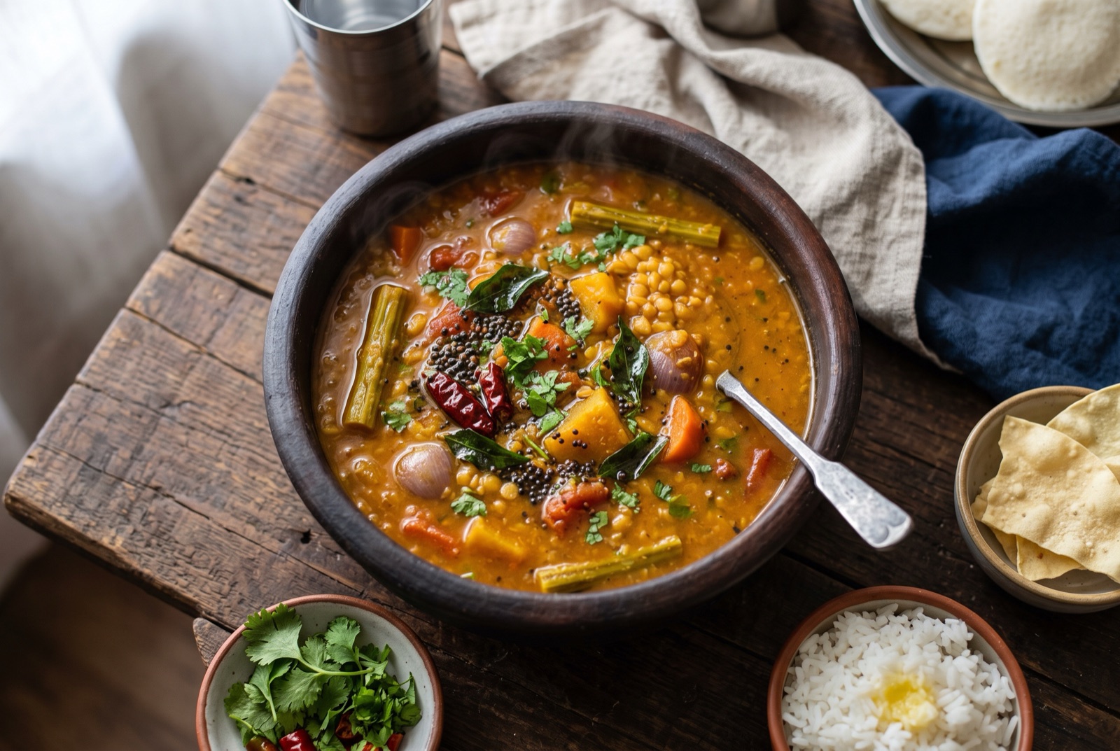 Bowl of South Indian sambar with shallots, aubergine and drumstick in tamarind lentil broth, curry leaves on top