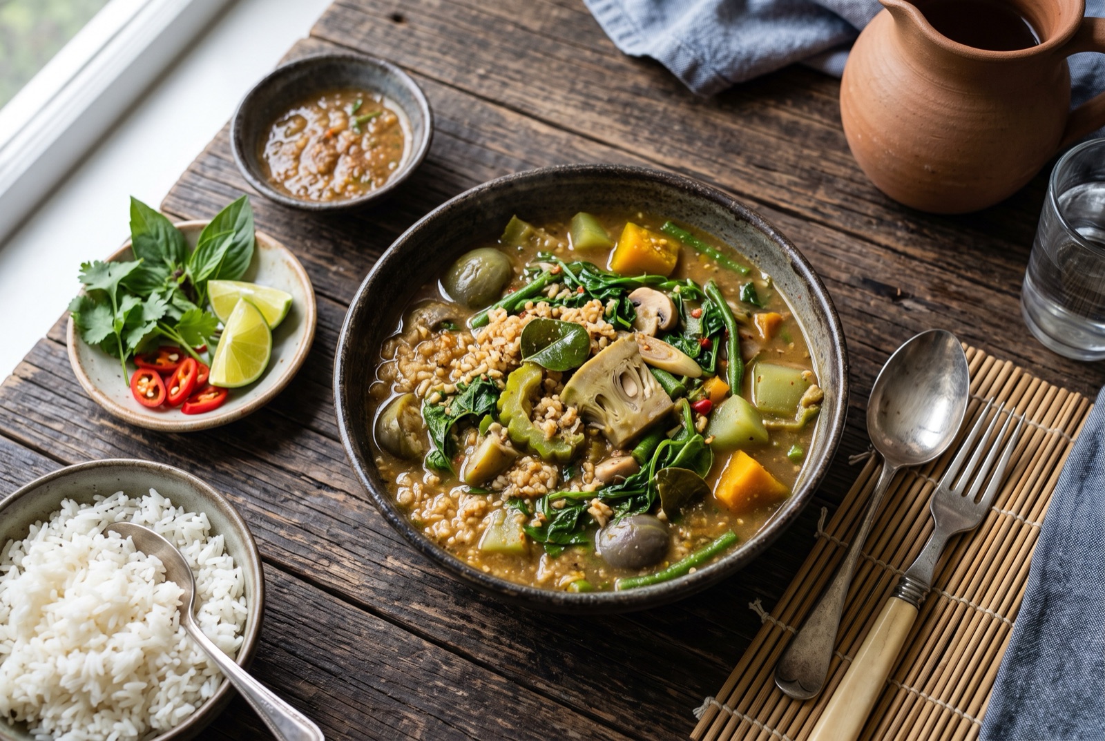 Thick Khmer vegetable and fish stew in a clay bowl with pumpkin, jackfruit, long beans and green leaves